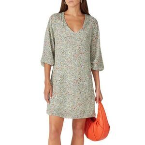 Louna Floral Balloon Sleeve Shift Dress S Green V-Neck Mini Chiffon Boho RTR